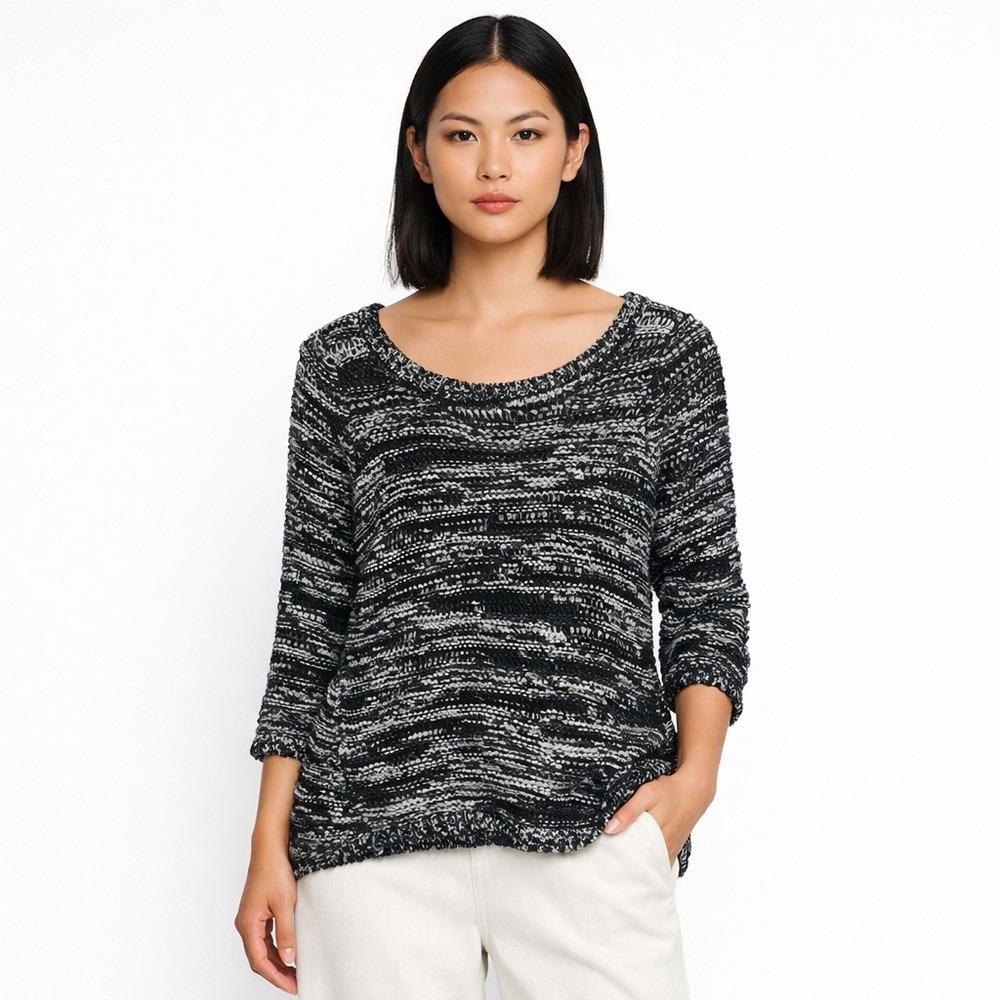 Eileen Fisher Womens Open Knit Marled Sweater XS Black White Textured Minimalist